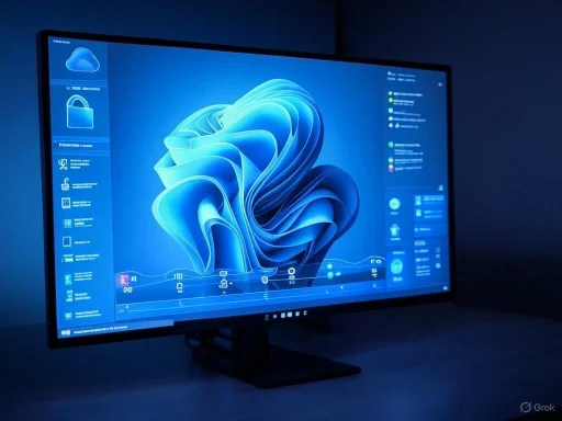 A computer monitor displaying a Windows 11 desktop with modern user interface elements in a dark room.