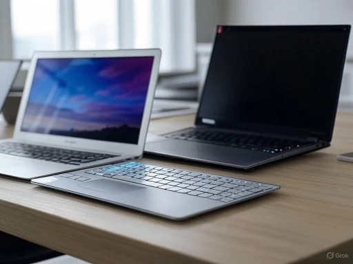 Multiple laptops are arranged on a wooden desk in a bright, modern office setting.