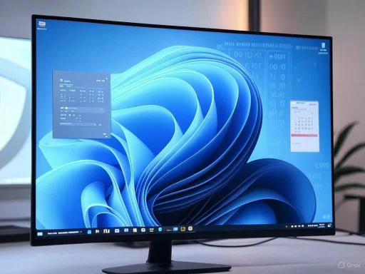 A computer monitor displaying a Windows desktop with multiple floating app windows and a digital background.