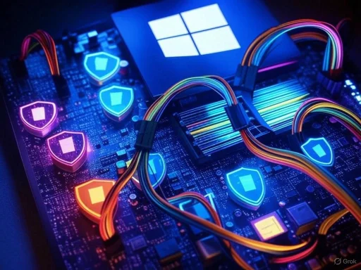 A computer circuit board with illuminated security shield icons and a Windows logo, emphasizing cybersecurity.