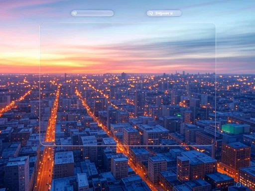 An aerial view of a city at sunset with illuminated streets and buildings, displayed through a futuristic digital interface.