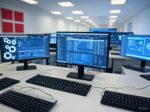Multiple computer monitors displaying data and dashboards in a modern, open office setting. Multiple computer monitors displaying data and dashboards in a modern, open office setting.