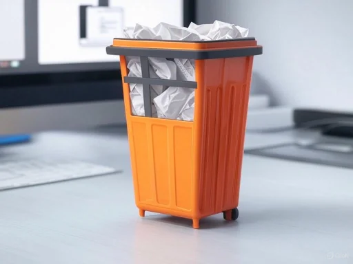 A miniature orange trash bin filled with crumpled paper, placed on a desk near a computer.
