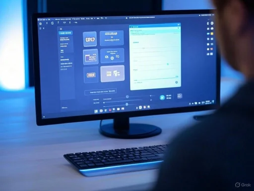 A person working on a computer with a dark-themed interface in a dimly lit room.