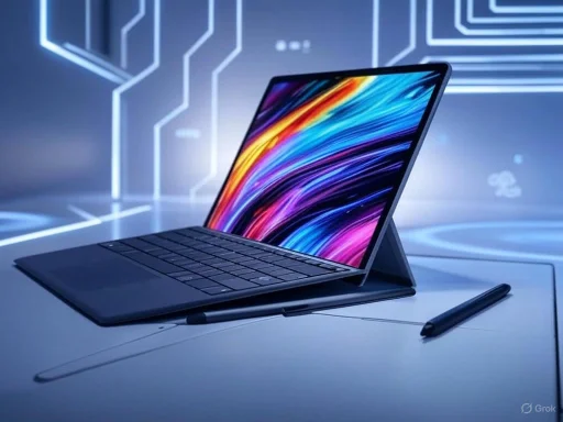 A sleek tablet with a keyboard and stylus, displaying a vibrant, colorful screen in a futuristic tech setting.