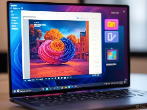 A sleek laptop displaying a colorful, abstract 3D art piece with office and application icons on the screen.