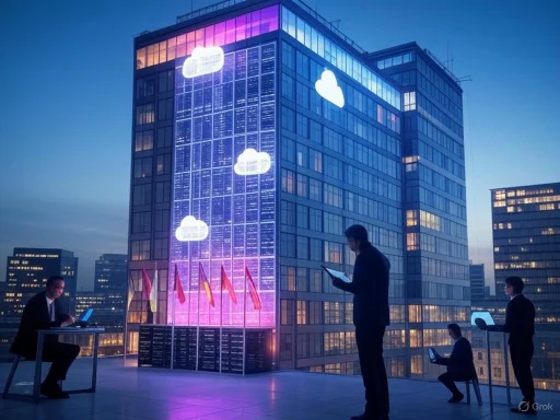 People working on laptops and tablets outdoors against a tall building with cloud cloud graphics projected on its facade at dusk. People working on laptops and tablets outdoors against a tall building with cloud cloud graphics projected on its facade at dusk.