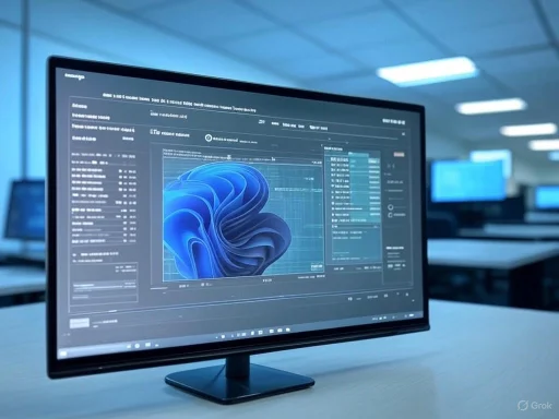 A computer monitor displays a data analytics or graphic design interface in a modern office setting.