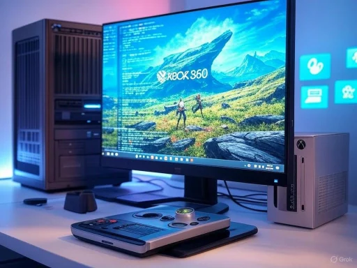 A gaming setup with a large monitor displaying a landscape, a gaming console, and a joystick controller on the desk.