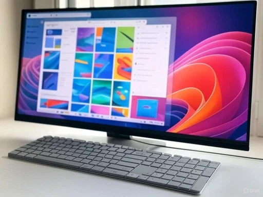 A sleek computer monitor displaying a colorful digital art or photo editing interface, with a modern keyboard in front.