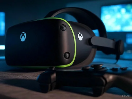A gaming headset with a built-in camera, branded with the Xbox logo, rests on a table with a game controller nearby. A gaming headset with a built-in camera, branded with the Xbox logo, rests on a table with a game controller nearby.