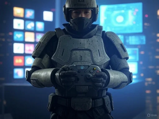 A person in futuristic military armor playing a video game with a controller, surrounded by high-tech screens.