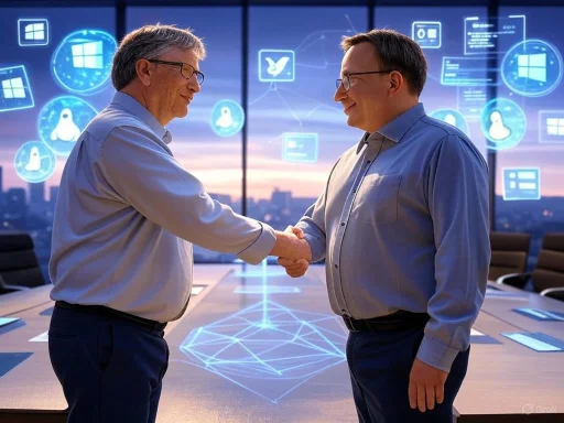 Two businessmen shake hands in a high-tech conference room with digital icons and a cityscape view. Two businessmen shake hands in a high-tech conference room with digital icons and a cityscape view.
