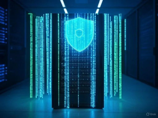 A digital shield icon is displayed over a server room with cascading blue and green data streams.