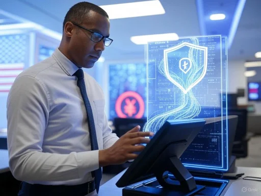 A businessman in glasses uses a digital tablet in front of a holographic display of a shield with a cross, symbolizing cybersecurity or health protection.