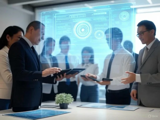 Businesspeople discussing and sharing data with a holographic digital interface in a modern office.