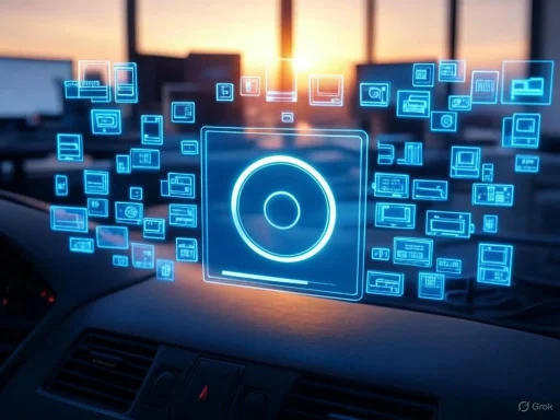 Digital holographic interface with floating icons inside a car during sunset.