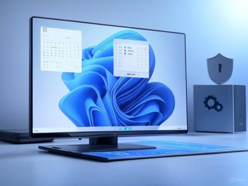 A modern computer monitor displays a Windows desktop with a blue abstract background, accompanied by security icons in the background.