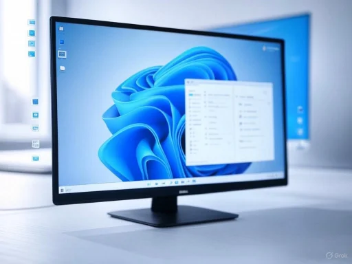A Windows 11 desktop monitor displaying the desktop interface with open folders and application icons on a clean, modern workspace. A Windows 11 desktop monitor displaying the desktop interface with open folders and application icons on a clean, modern workspace.
