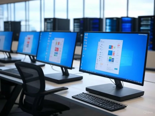 Multiple computer monitors displaying data in a modern office or data center environment.