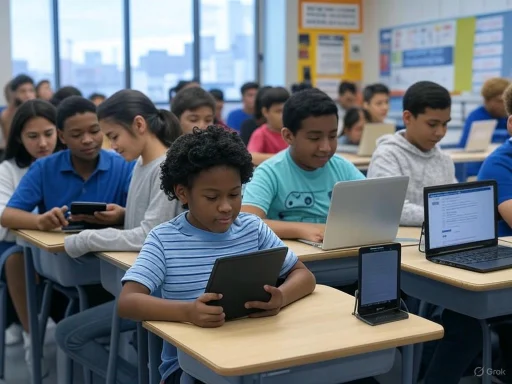 Students in a classroom use tablets, laptops, and smartphones for learning. Students in a classroom use tablets, laptops, and smartphones for learning.