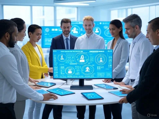 A diverse group of professionals reviews data displayed on tablets and a large monitor in a modern office setting.