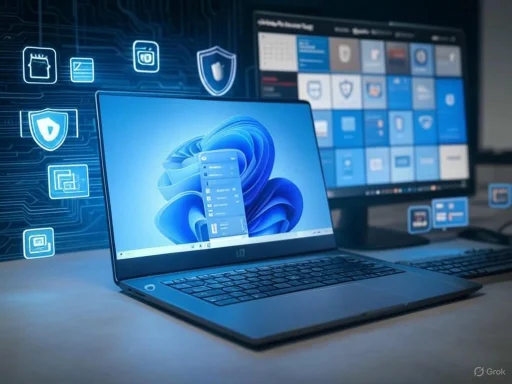 A laptop displays Windows 11 interface, surrounded by digital security icons and a large monitor in a tech setup.
