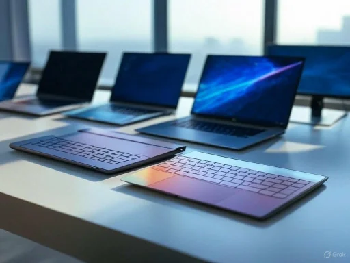 Multiple laptops arranged on a table with a modern, corporate office background.