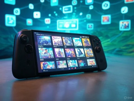 A handheld gaming console displaying a collection of game cover images, with a digital network background.