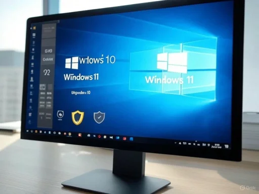 A computer monitor displays the Windows 11 desktop with security icons and a sidebar, set on a wooden desk.