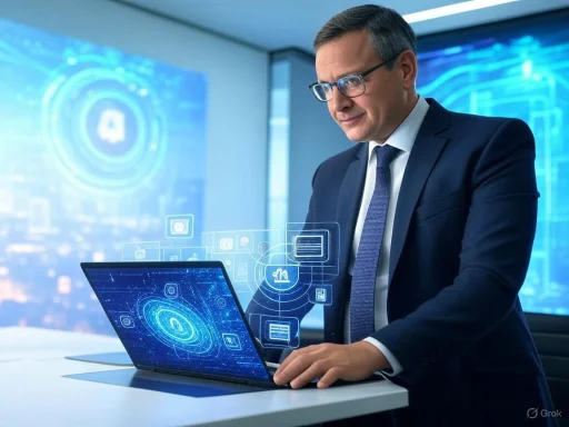 A businessman in a suit interacts with a holographic digital interface in a modern office setting. A businessman in a suit interacts with a holographic digital interface in a modern office setting.