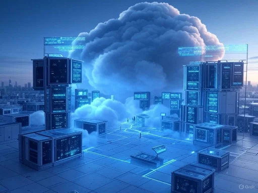 Futuristic cityscape with towering data servers emitting cloud-like steam against a blue sky.
