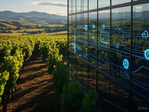 A vineyard with rows of green grapevines next to a building with digital technology icons reflected on its glass wall.