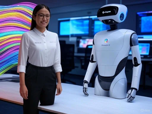 A woman standing next to a humanoid robot in a high-tech lab with multiple computer screens in the background.