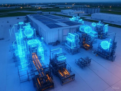 Neon-lit industrial equipment displays blue and orange lights on a rooftop during dusk.