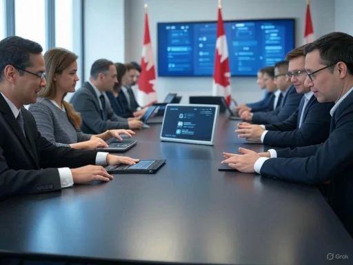 Business meeting with professionals seated on both sides of a conference table, digital screens, and Canadian flags in the background.