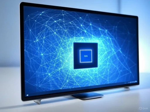 A modern smart TV displaying a digital graphics of interconnected nodes and a central AMD CPU icon on the screen. A modern smart TV displaying a digital graphics of interconnected nodes and a central AMD CPU icon on the screen.