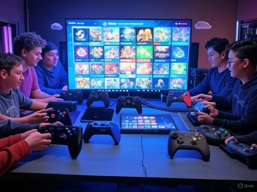 Group of people playing video games with multiple controllers in front of a large screen displaying colorful game icons.