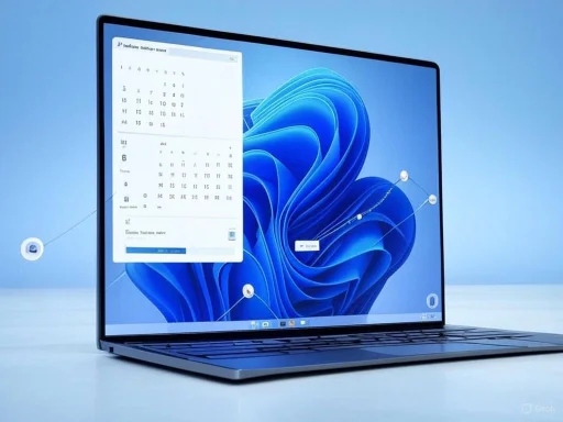 A sleek, modern laptop displaying a calendar, weather widget, and various app icons on a blue digital background.