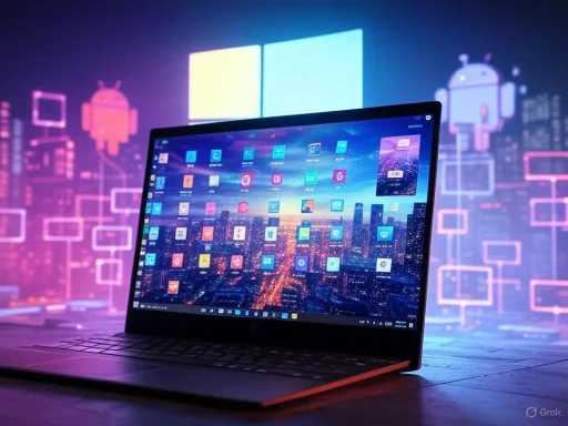 A modern laptop displays various app icons on a cityscape background, with digital-themed neon graphics and Android logos behind.