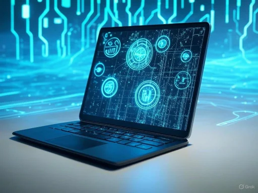 A digital laptop displays holographic icons and graphs related to cybersecurity and data analysis.