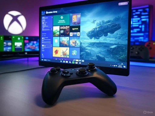 A gaming setup with a monitor displaying a battle scene, a game controller in front, and multiple screens with colorful UI in a dimly lit room.