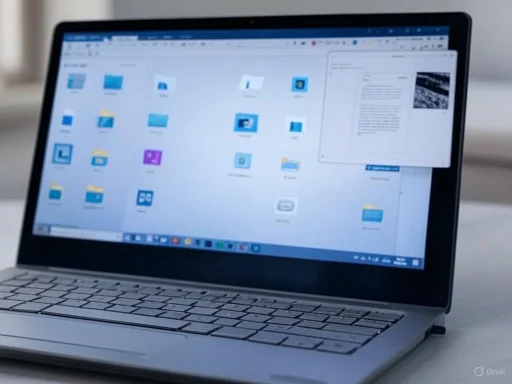 A laptop displaying a desktop with multiple folders and an open document window.