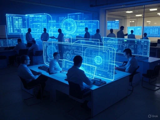 A high-tech operations center with professionals analyzing data on holographic blue screens and digital interfaces.