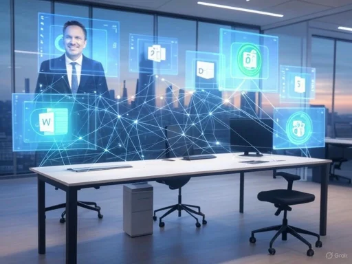A man in a suit interacts with digital holograms of apps and documents in a modern office setting. A man in a suit interacts with digital holograms of apps and documents in a modern office setting.