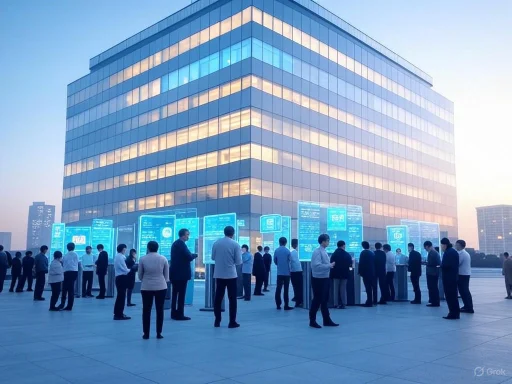 People gather around interactive digital displays on a rooftop with a modern glass building in the background.