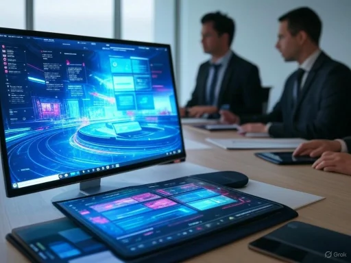 Two professionals in a meeting analyze digital data displayed on multiple high-tech screens.