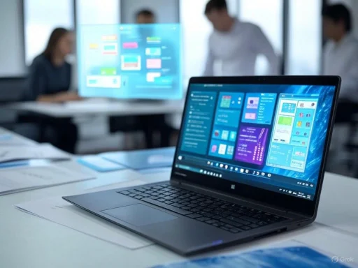 A laptop displaying multiple colorful digital dashboards in a modern office setting with blurred colleagues in the background.