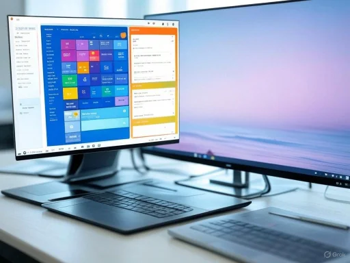 A dual-monitor setup on a desk with a keyboard, mouse, and graphics tablet, displaying a colorful application and a pastel background.