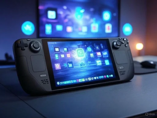 A handheld gaming console displaying a vibrant screen, with a larger monitor and blurred background in a dimly lit room.